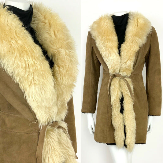 VINTAGE 60s 70s BROWN CREAM SUEDE SHEARLING AFGHAN FUR TRIM BOHO HIPPY COAT 8 10