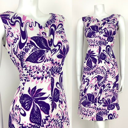 VINTAGE 60s 70s PSYCHEDELIC FLORAL PURPLE PINK WHITE SWEETHEART SUMMER DRESS 16