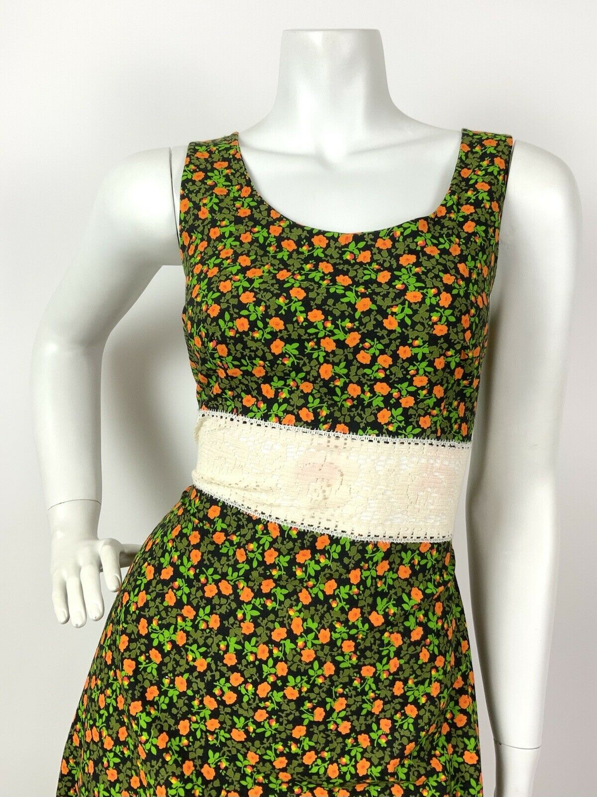 VTG 60s 70s GREEN ORANGE BLACK FLORAL DITSY LACE BOHO PRAIRIE MAXI DRESS 8 10