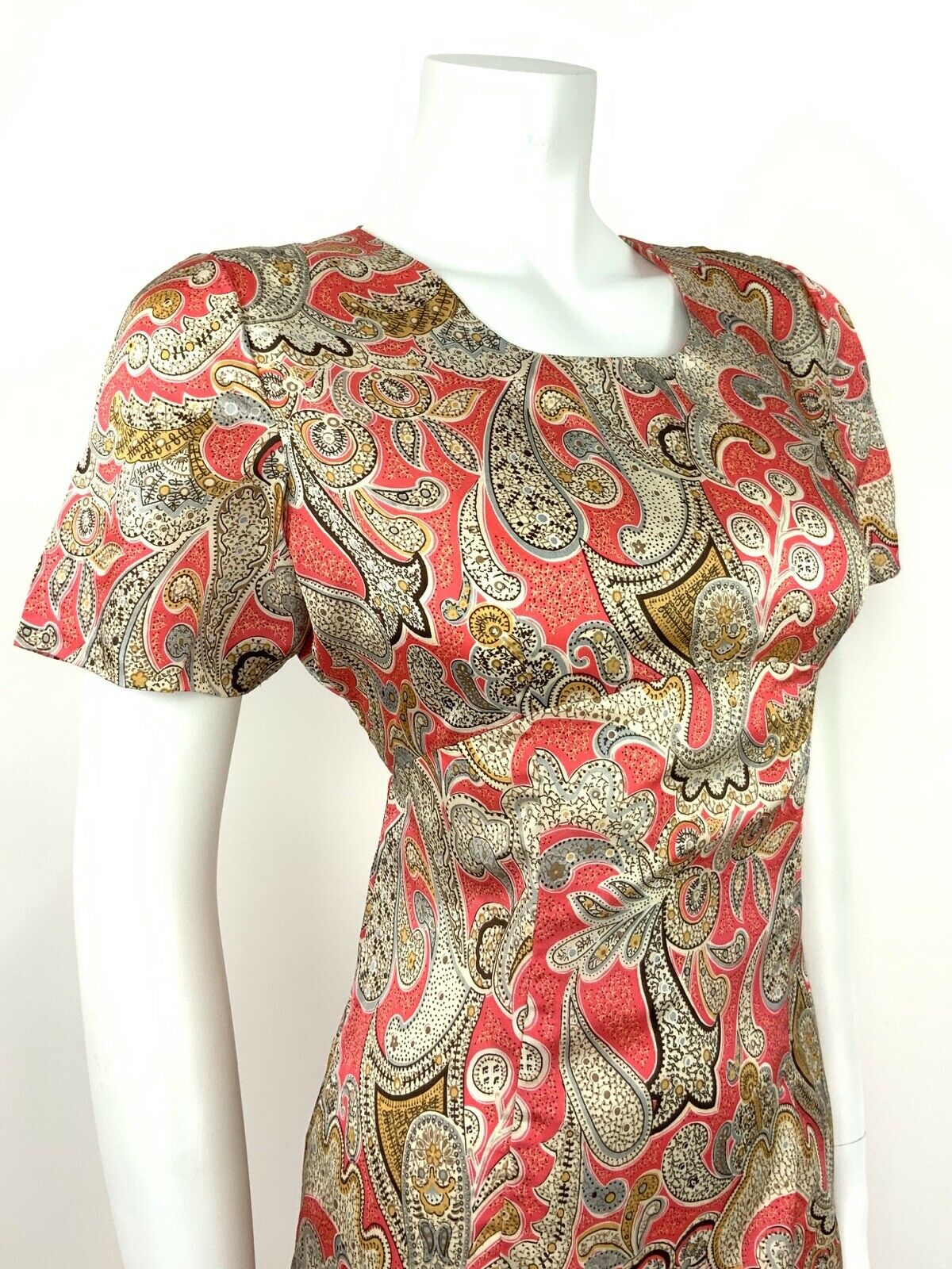 VTG 60s SUMMER DRESS PAISLEY FLORAL PINK SILVER CREAM GREY BROWN GOLD 12