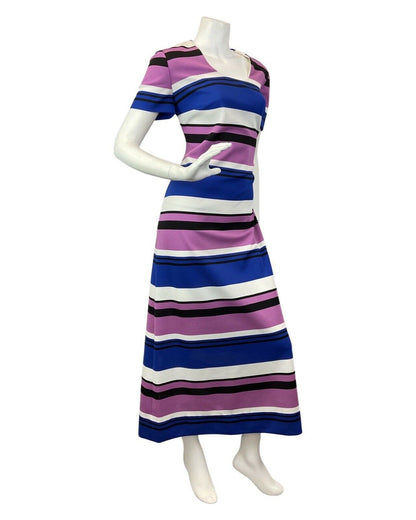 VINTAGE 60s 70s PURPLE BLUE WHITE STRIPED MOD MAXI DRESS 14 16