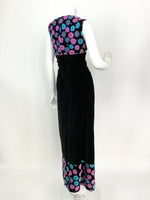 VTG 60s 70s BLACK BLUE PURPLE PINK PSYCHEDELIC FLOWER VELVET MAXI DRESS 8