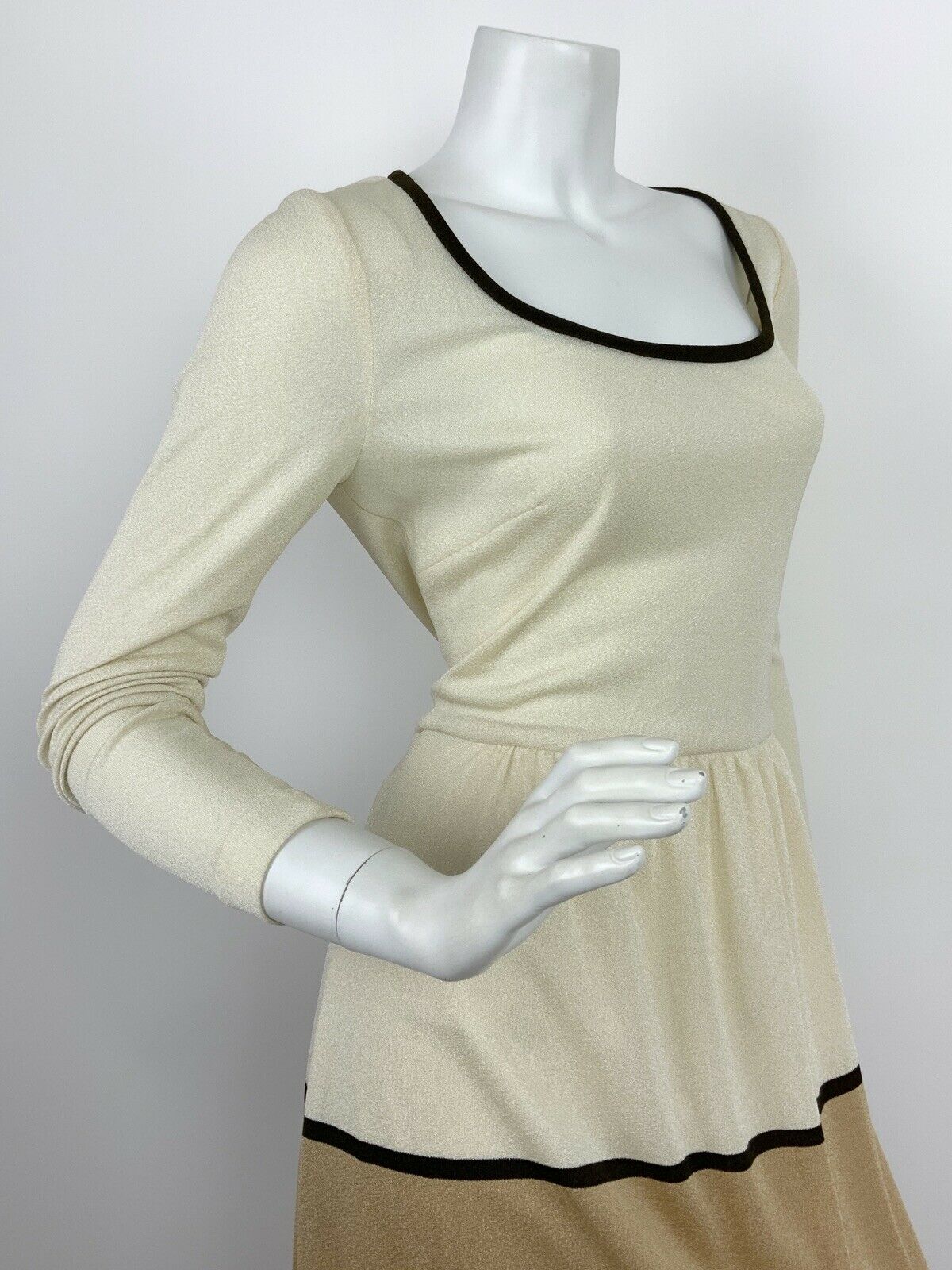 VTG 60s 70s CREAM BROWN GOLD COLOUR BLOCK FOLK BOHO MAXI DRESS 12 14