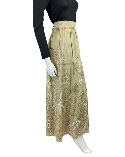 VINTAGE 60s 70s GOLD WHITE FLORAL LEAFY GLITTER LUREX DISCO PARTY MAXI SKIRT 10