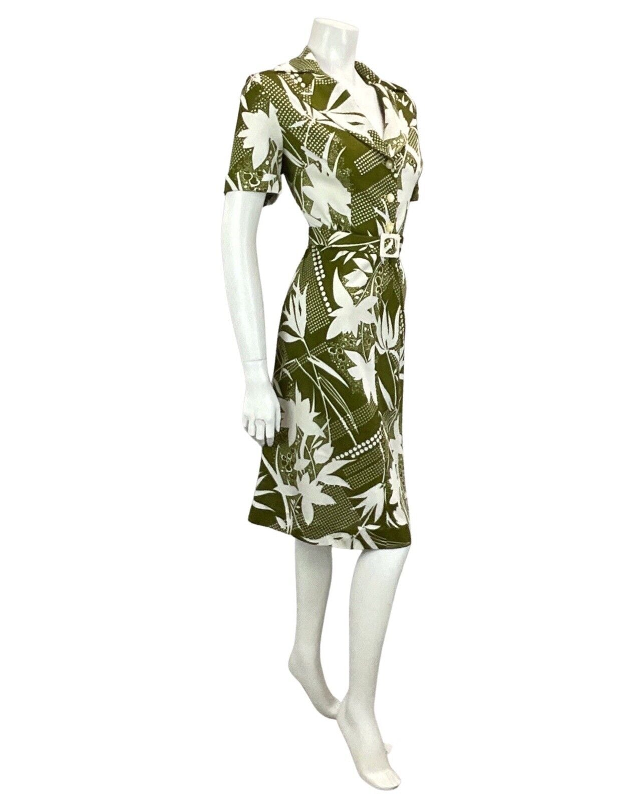 VINTAGE 60S 70S WHITE KHAKI GREEN FLORAL ABSTRACT PRINT BELTED MIDI DRESS 12 14