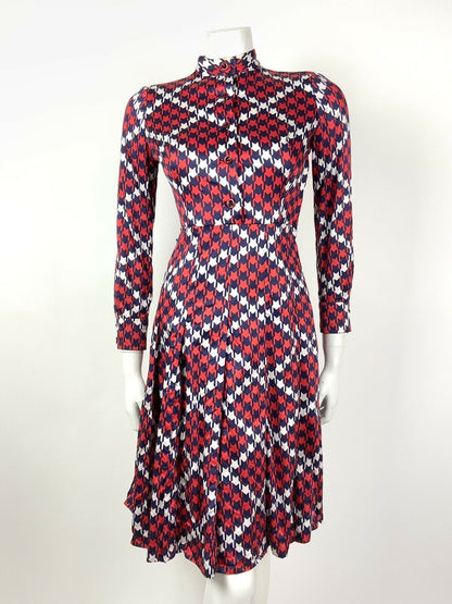 VINTAGE 60s 70s RED WHITE BLUE HOUNDSTOOTH CHECKERED MOD PLEATED DRESS 4