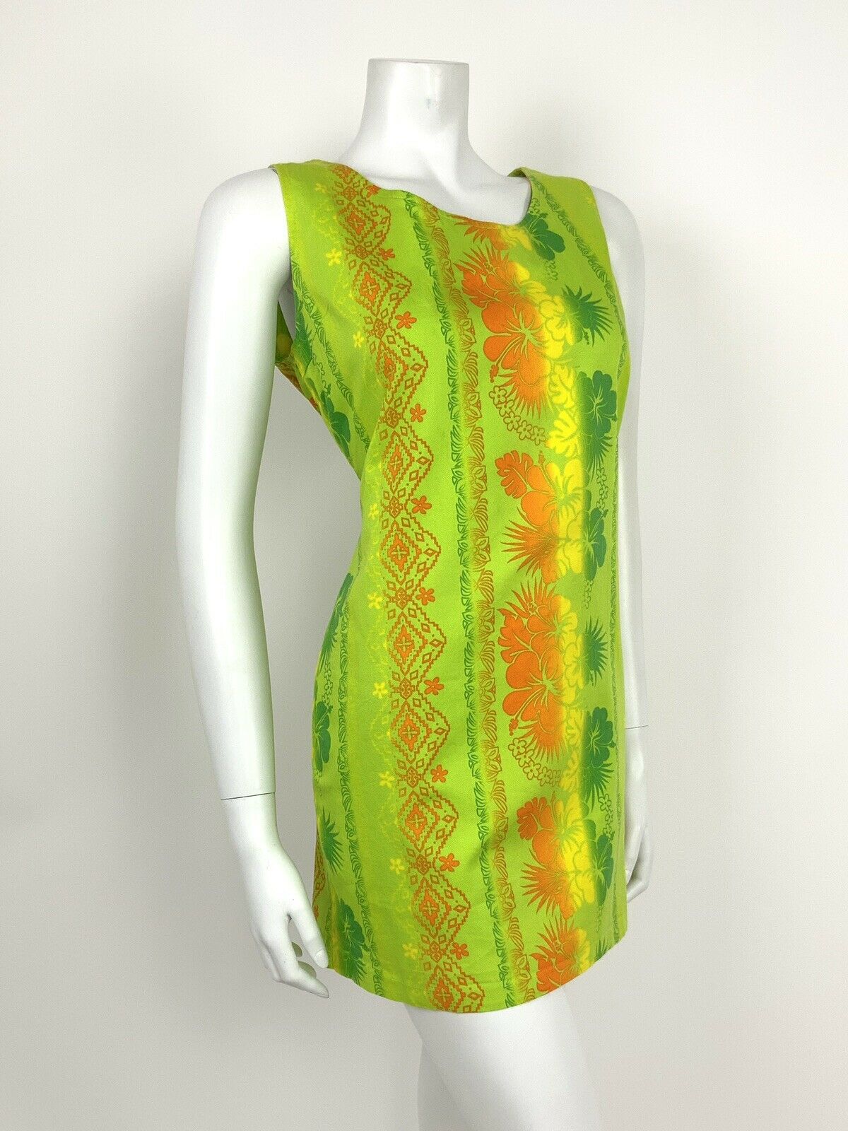 VTG 60s 70s LIME GREEN NEON ORANGE YELLOW FLORAL TROPICAL HAWAIIAN DRESS 10 12