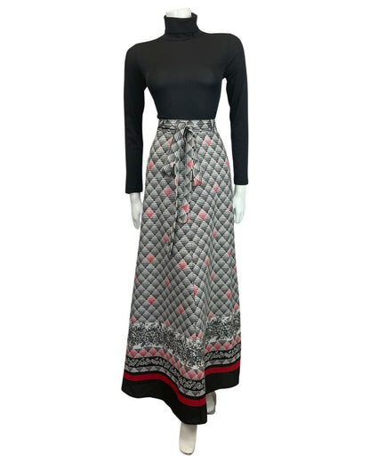 VINTAGE 60s 70s WHITE BLACK RED CHECKED FLORAL BELTED MOD BOHO MAXI SKIRT 8 10