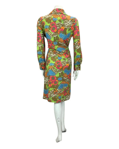 VTG 60S 70S GREEN PINK BLUE  FLORAL PRINT BOHO PSYCHEDELIC PRINT MIDI DRESS 14