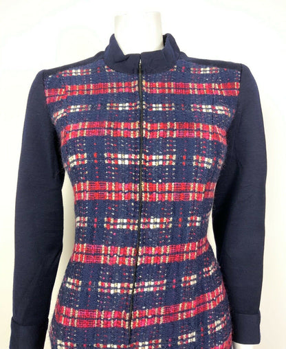 VINTAGE 60s 70s NAVY BLUE RED WHITE PLAID STRIPED MOD WOOL DRESS 8 10