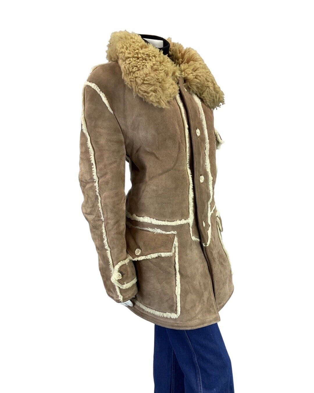 VINTAGE 60s 70s SOFT BROWN SUEDE LEATHER BOHO MOD SHEEPSKIN SHEARLING COAT 14 16