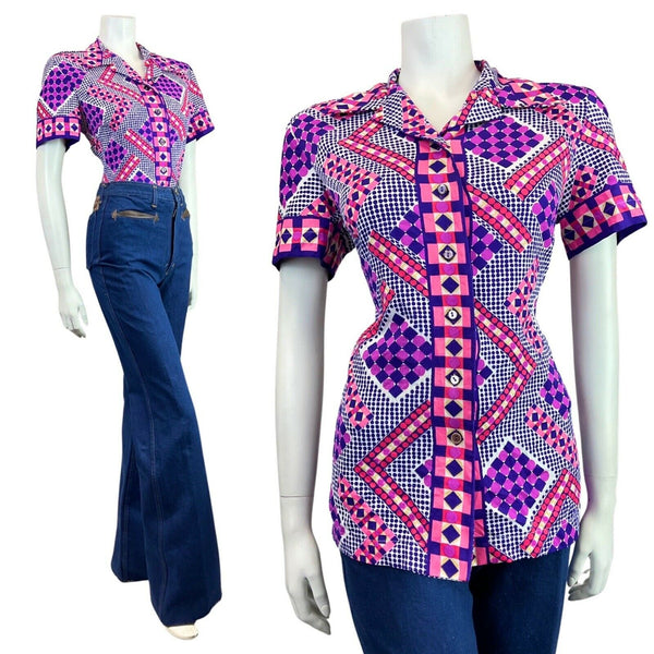 VINTAGE 60s 70s PURPLE PINK WHITE GEOMETRIC DOTTY GEOMETRIC DAGGER BLOUSE 14 16