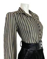 VINTAGE 60s 70s BLACK GOLD STRIPED DISCO MOD CROPPED LUREX BLOUSE SHIRT 14 16