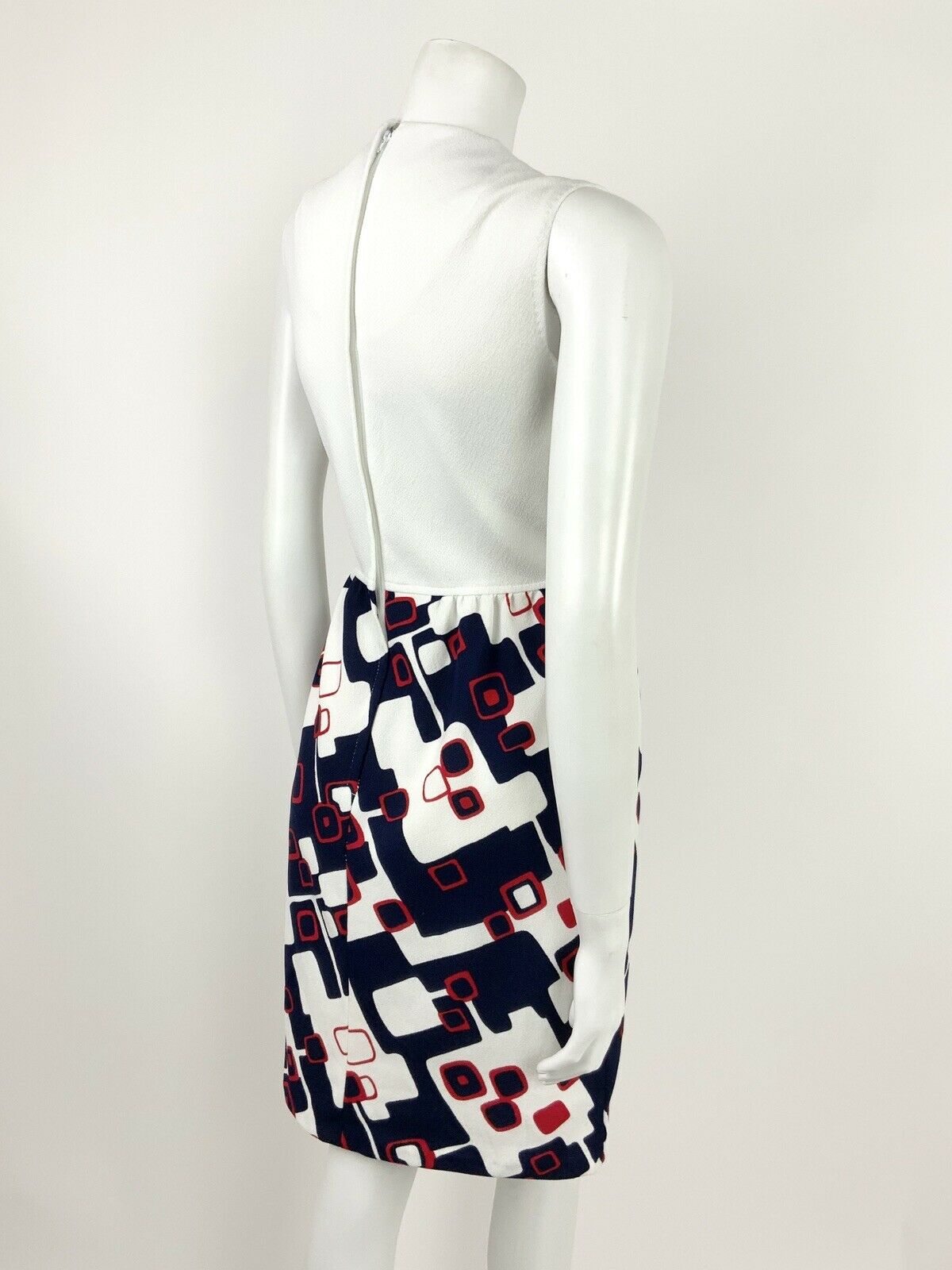 VINTAGE 60s 70s WHITE BLUE RED GEOMETRIC SQUARE MOD SLEEVELESS DRESS 8 10