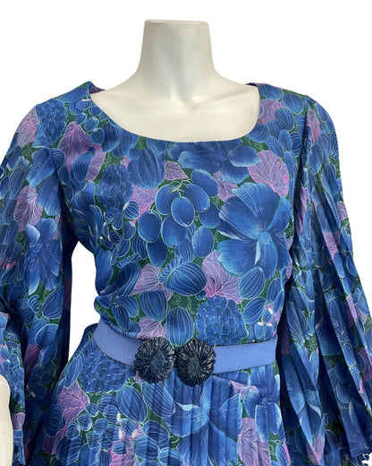 VINTAGE 60s 70s BLUE PURPLE FLORAL LEAFY BOHO MOD PLEATED MAXI DRESS 12 14