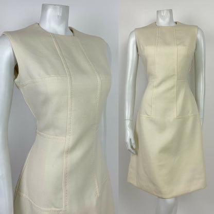 VINTAGE 60s 70s MOD CREAM WOOL SLEEVELESS WIGGLE FITTED DRESS 12