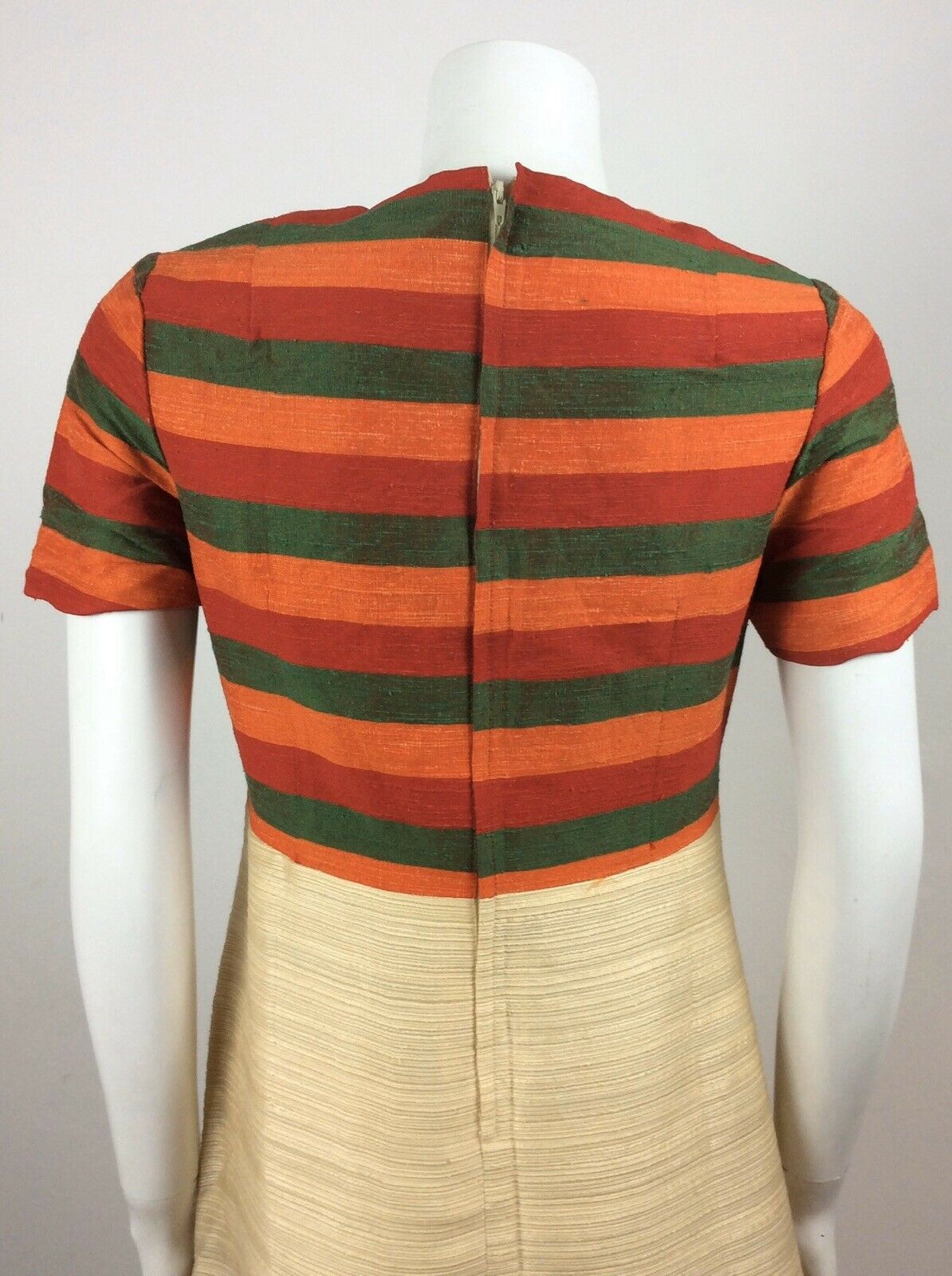 VTG 60S GREEN, RED, ORANGE CREAM STRIPED PREPPY VINTAGE DRESS