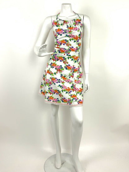 VINTAGE 60s 70s WHITE PINK ORANGE PURPLE GREEN FLORAL DAISY HALTER MINI DRESS 12