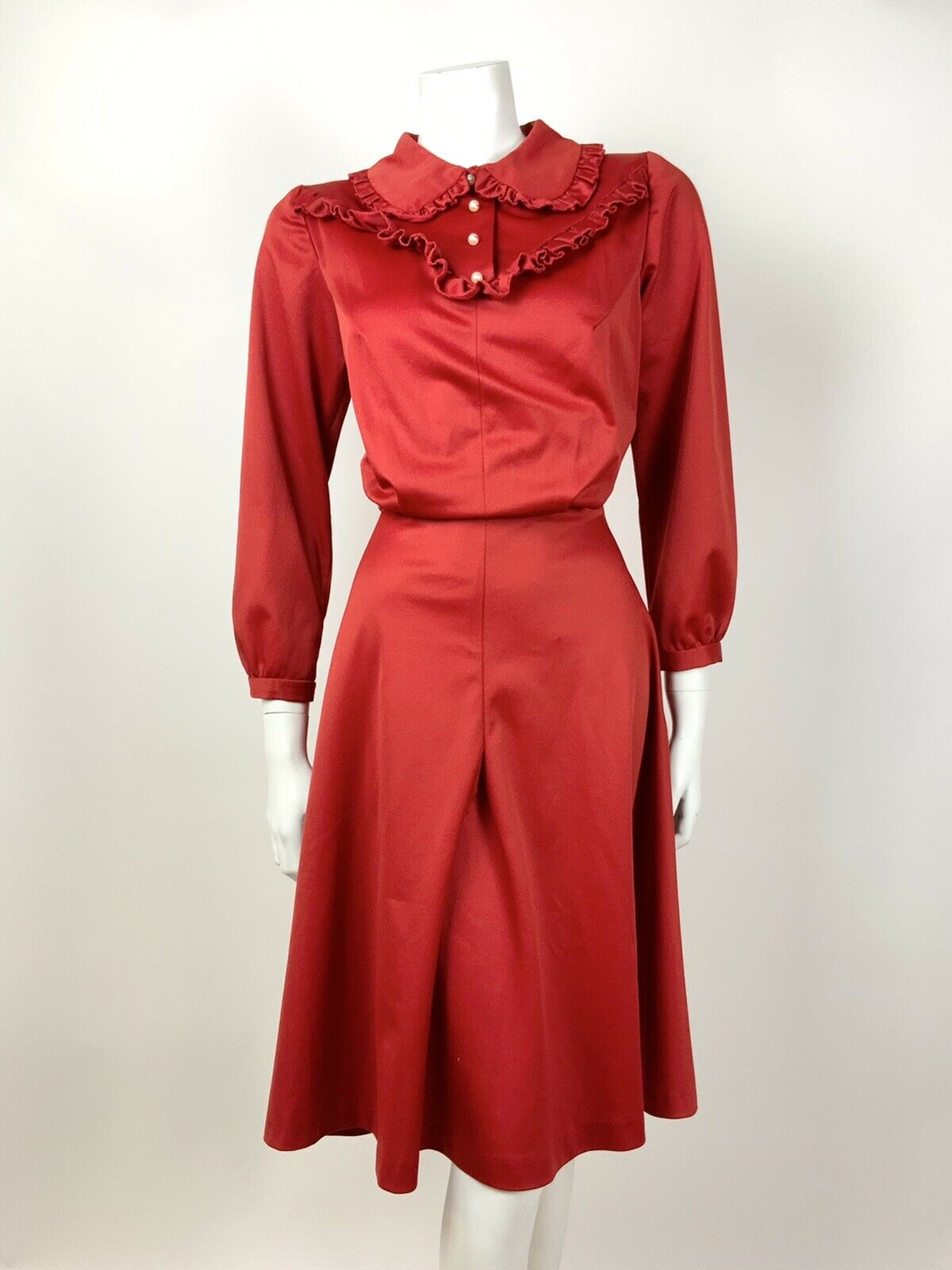 VINTAGE 60s 70s PILLARBOX RED PEARL DOG EAR COLLAR RUFFLED WESTRN DRESS 10 12