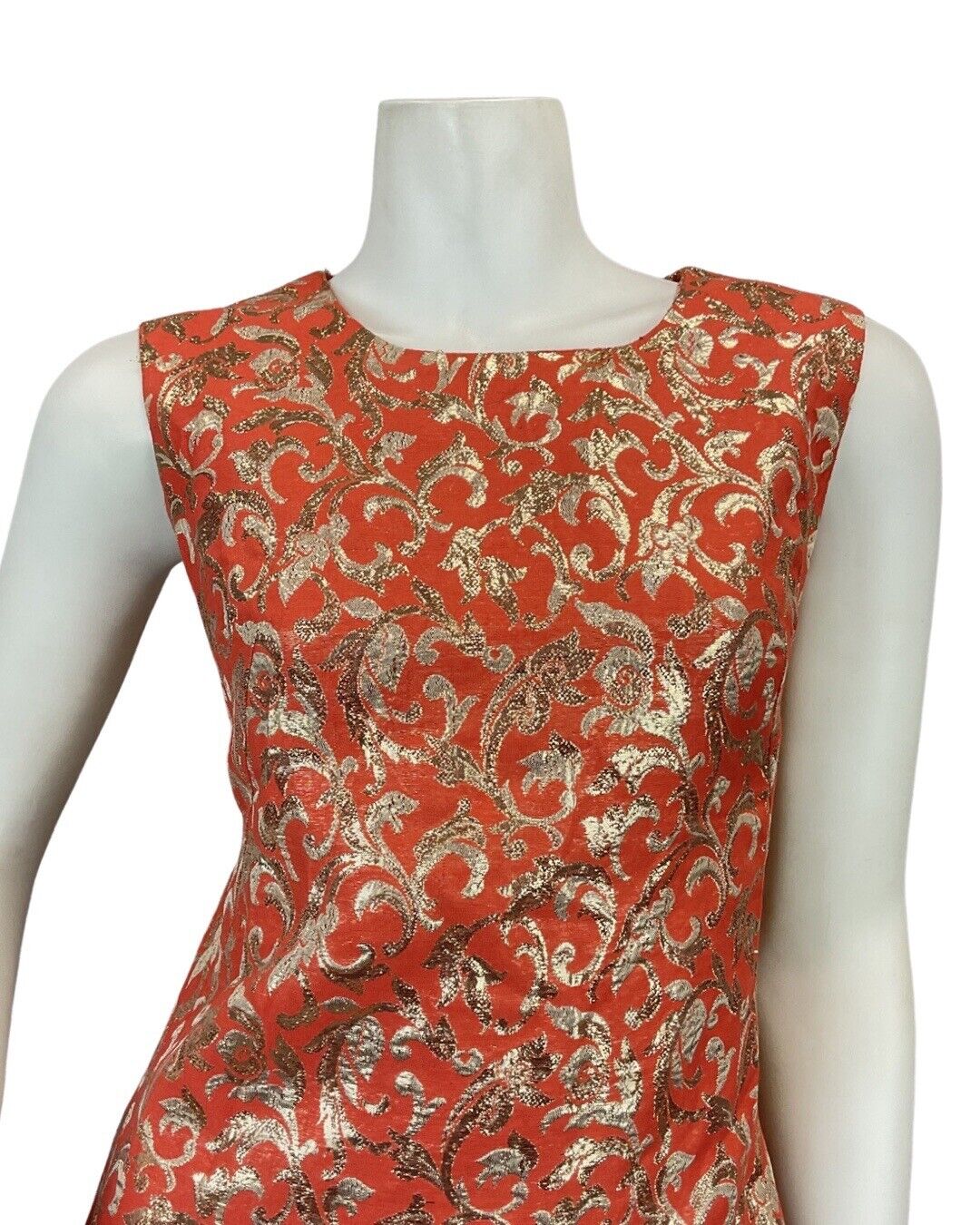 VINTAGE 60s 70s ORANGE GOLD FLORAL SWIRLING BROCADE MOD SLEEVELESS MAXI DRESS 12