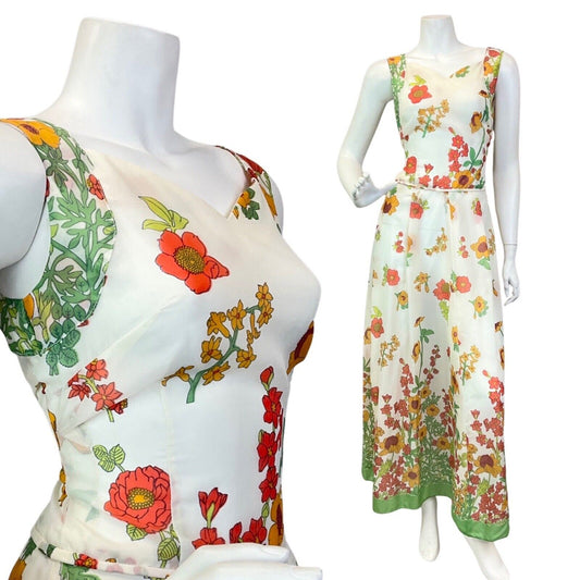 VINTAGE 60s 70s WHITE RED GREEN FLORAL GARDEN SLEEVELESS MAXI DRESS 8