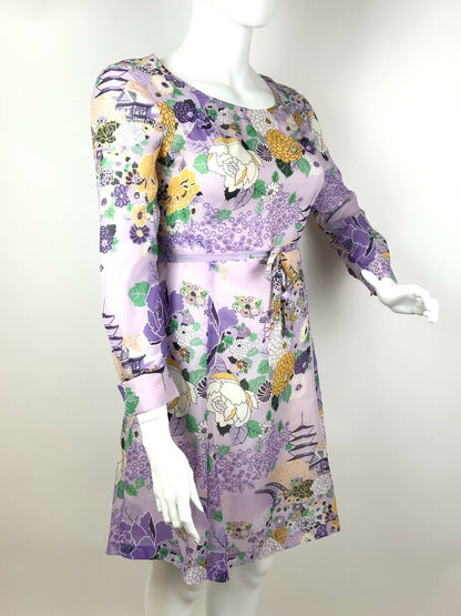 VINTAGE 60s 70s PURPLE YELLOW GREEN WHITE ORIENTAL PAGODA FLORAL SHEER DRESS 16