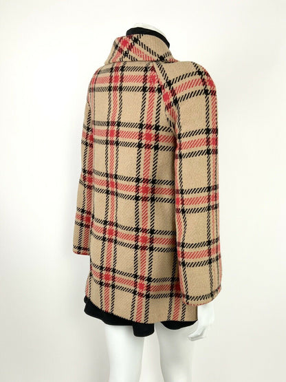 VINTAGE 60s 70s BEIGE BLACK RED PLAID CHECKERED SWING COAT 8 10