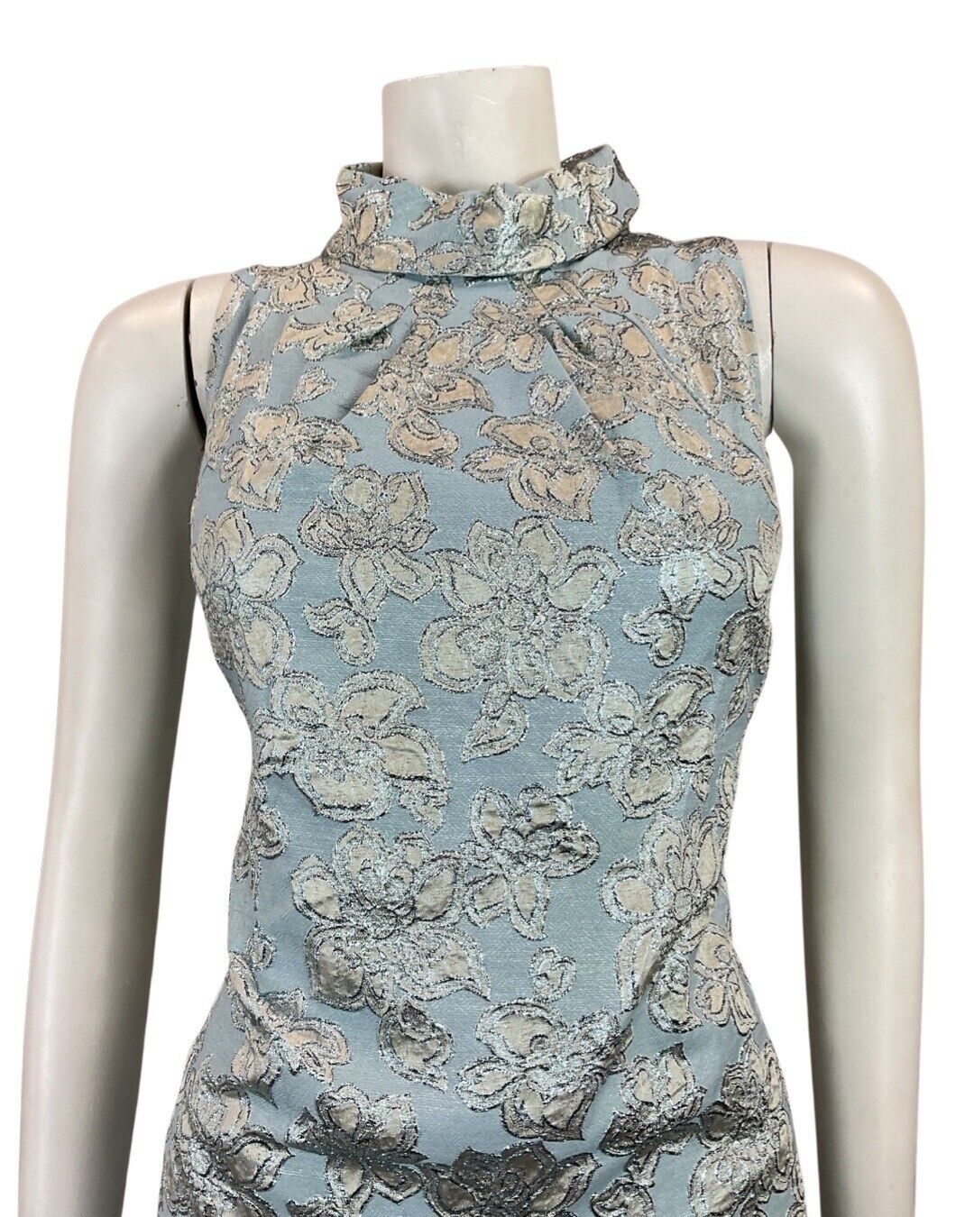 VINTAGE 60s 70s BLUE SILVER FLORAL EMBROIDERED PARTY GLAM STUDIO 54 DRESS 14