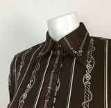 70s VTG BROWN DAGGER COLLAR ROPE CHAIN PRINT SHIRT BLOUSE 10 12