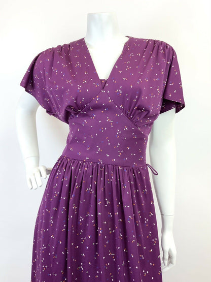 VINTAGE 60s 70s PLUM PURPLE BLUE GREEN SPECKLED FLUTTER SLEEVE MAXI DRESS 8 10