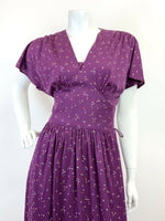 VINTAGE 60s 70s PLUM PURPLE BLUE GREEN SPECKLED FLUTTER SLEEVE MAXI DRESS 8 10