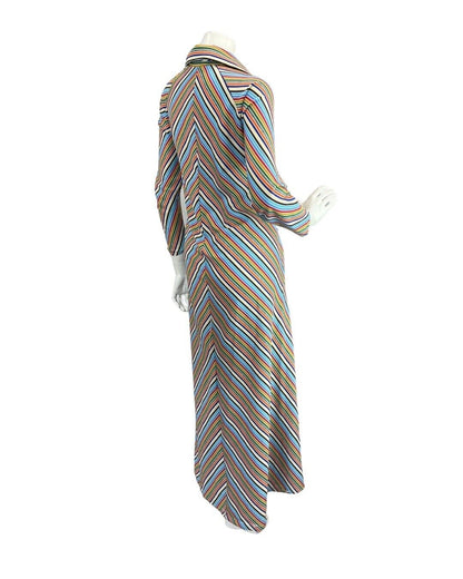 VINTAGE 60s 70s BLUE WHITE RED GREEN STRIPED MOD ZIP-UP SHIRT MAXI DRESS 12 14