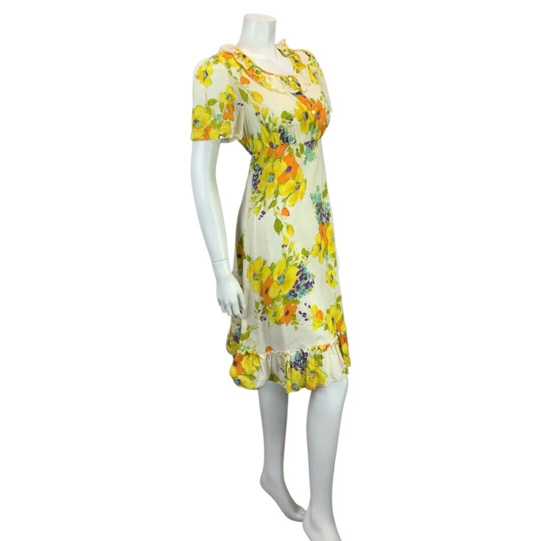 VINTAGE 60s 70s YELLOW ORANGE PURPLE BLUE FLORAL PRINT RUFFLE SUMMER DRESS 12 14