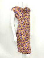 VTG 60s PINK PURPLE RED SILVER YELLOW ABSTRACT FLORAL SHIFT DRESS 14 16 18