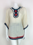 VTG 70s CREAM RED BLUE ORANGE PINK BOHO HIPPY ETHNIC CROCHET BLOUSE TOP 10 12 14