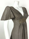 VINTAGE 60s 70s BROWN SILVER STRIPED CROCHETED CAPE SLEEVE SWING DRESS 6 8