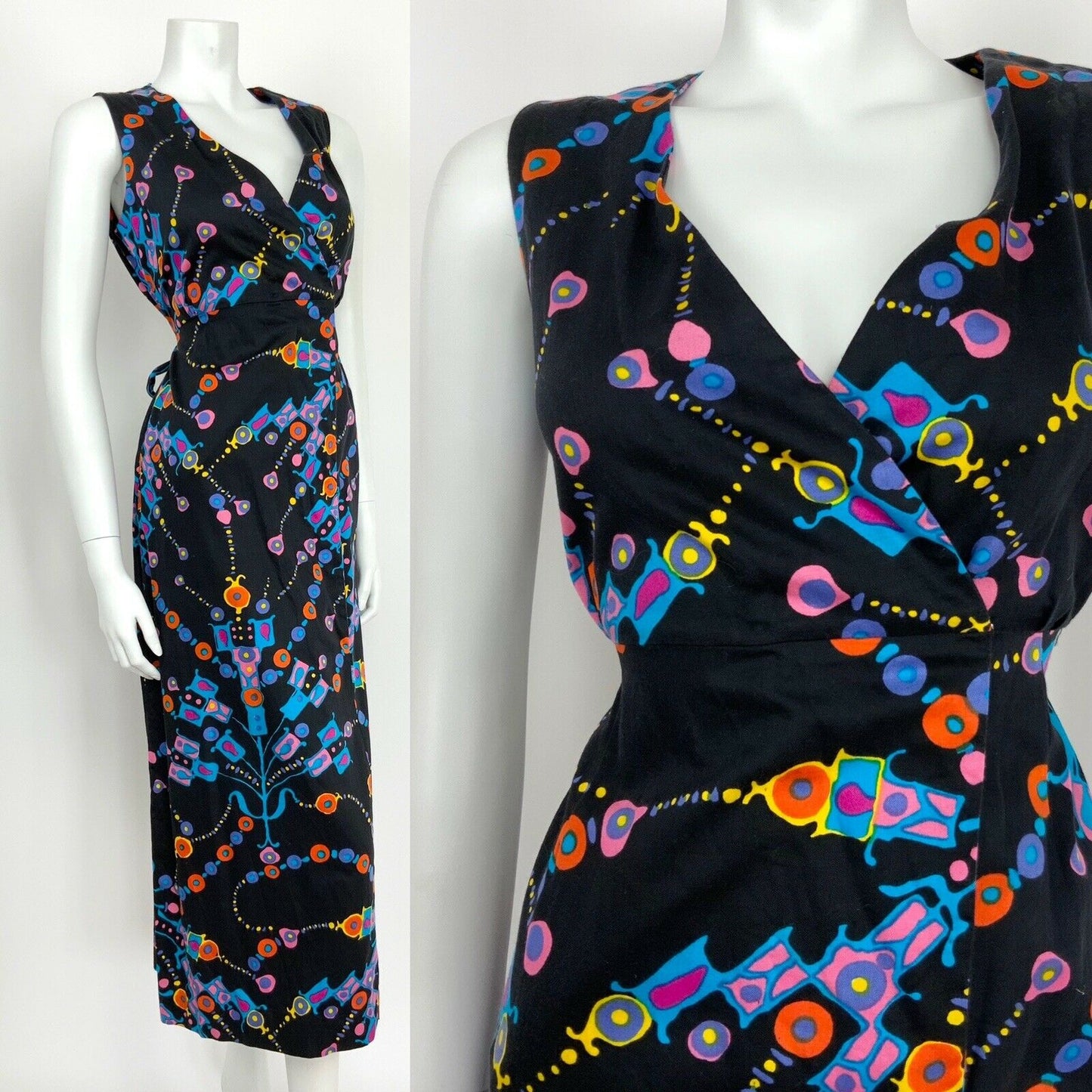 VINTAGE 60s 70s GEOMETRIC ABSTRACT BLACK BLUE PINK ORANGE WRAP MAXI DRESS 10