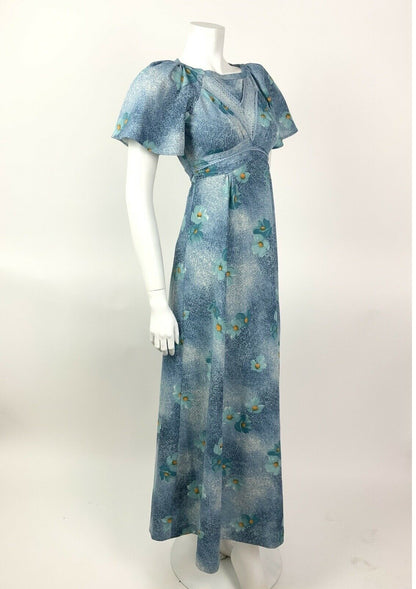 VINTAGE 60s 70s BLUE ORANGE SPECKLED FLORAL LACE PRAIRIE MAXI DRESS 8 10