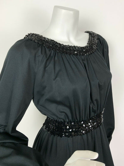 VINTAGE 60s 70s BLACK SEQUINNED RUCHED DISCO GLAM MAXI DRESS 8 10 12