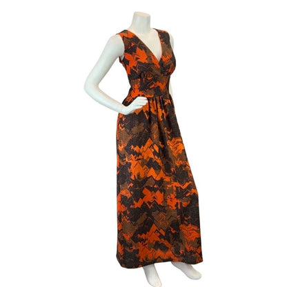 VINTAGE 60s 70s ORANGE BROWN BLACK ABSTRACT GEOMETRIC SLEEVELESS MAXI DRESS 10