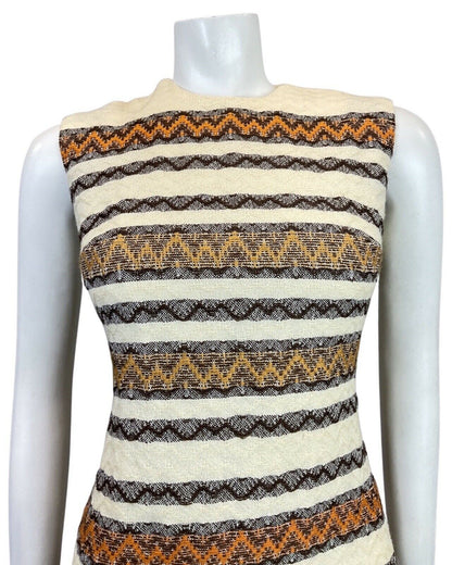 VTG 60s 70s CREAM BROWN ORANGE STRIPED KNITTED WOOL MOD MINI SHIFT DRESS 8 10