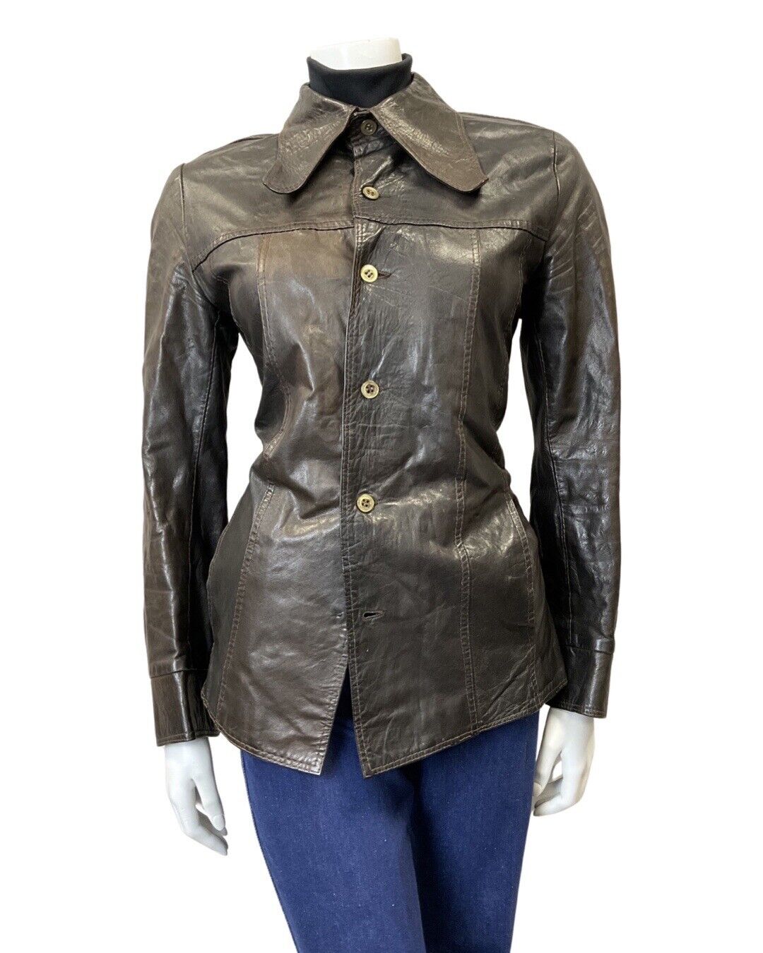 VINTAGE 60s 70s DARK BROWN DAGGER COLLAR MOD NORTHERN SOUL LEATHER JACKET 12 14