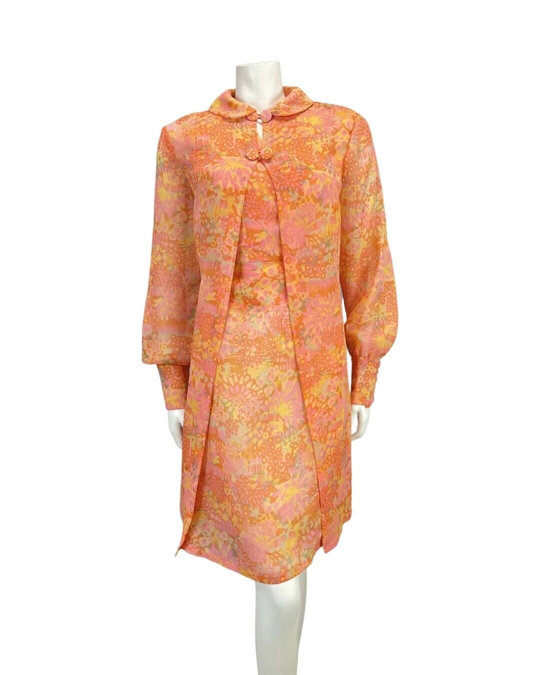 VTG 60s 70s ORANGE PINK YELLOW PSYCHEDELIC FLORAL SLEEVELESS DRESS BED COAT 12