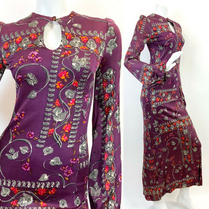 VTG 60s 70s PURPLE WHITE ORANGE FLORAL PAISLEY VINE MOD BOHO FOLK MAXI DRESS 6 8