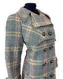 VTG 60s 70s GREEN BEIGE ORANGE CHECKED PLAID DOUBLE-BREASTED MOD WOOL COAT 16