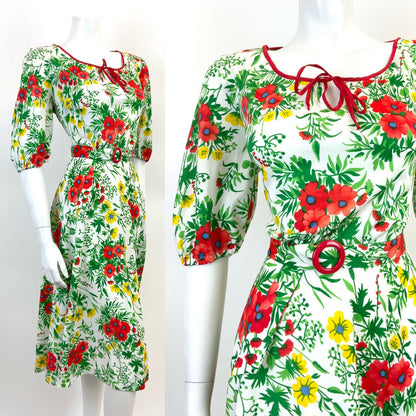 VINTAGE 60s 70s WHITE GREEN RED YELLOW FLORAL GARDEN PARTY BLOUSON DRESS 10