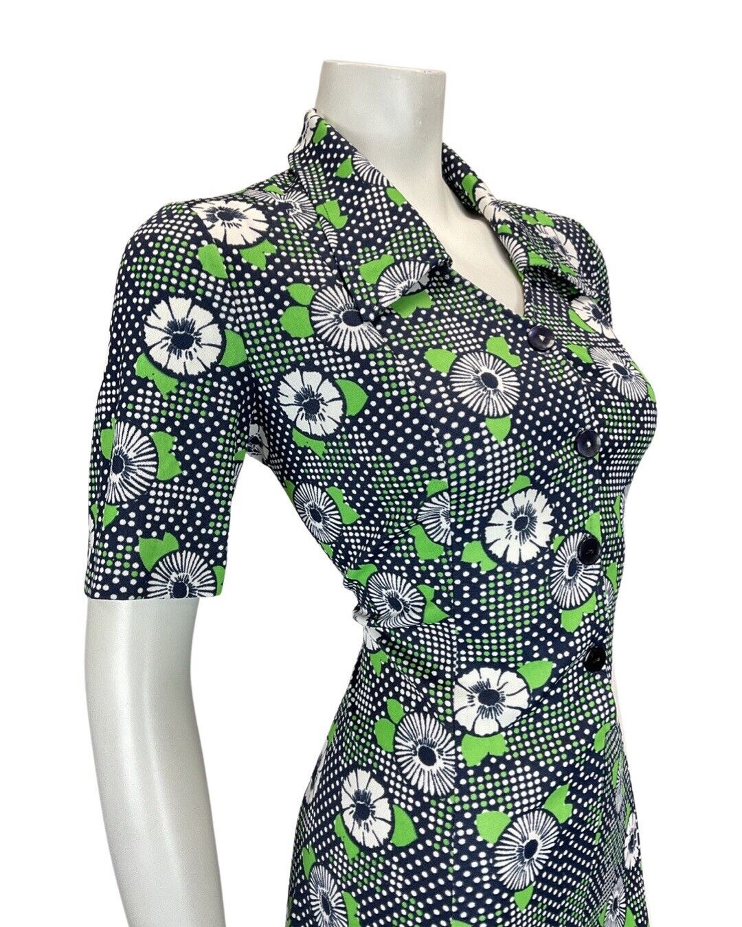 VINTAGE 60s 70s NAVY BLUE GREEN WHITE FLORAL DOTTY MOD SHIRT DRESS 12 14