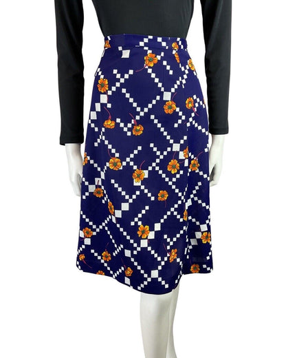 VINTAGE 60s 70s BLUE WHITE ORANGE GEOMETRIC FLORAL MOD MIDI SKIRT 8