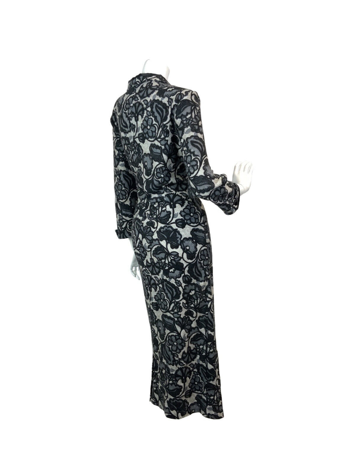 VINTAGE 60s 70s GREY BLACK FLORAL LEAFY MOD DAGGER COLLAR WOOL MAXI DRESS 14 16