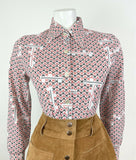 VINTAGE 60s 70s WHITE RED BLACK GEOMETRIC CHECKERBOARD MOD DAGGER BLOUSE 10 12